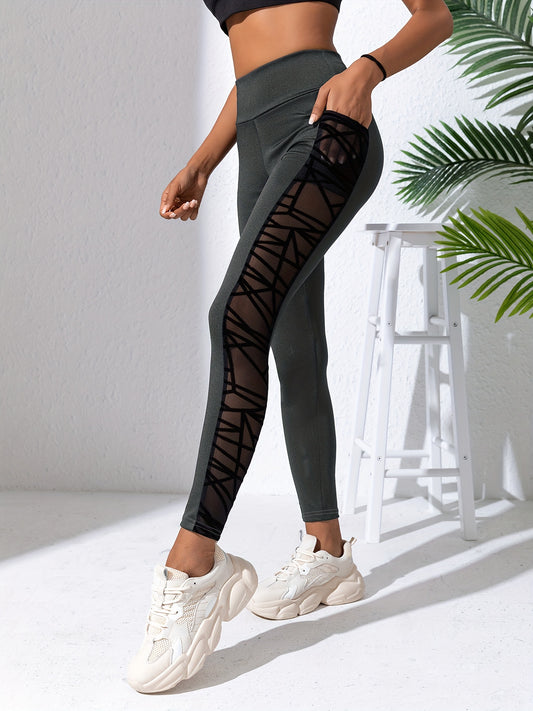 Black Mesh Stitching Pocket Sports Leggings, High Waist Hip Lifting Slimming Yoga Fitness Workout Gym Casual Pants, Women's Activewear