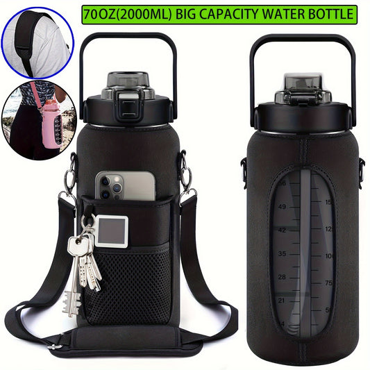 A Half-gallon Water Bottle with Sleeve, 70oz / 2L, Featuring a Motivational Design with Straw and Time Stamp. Leak-proof Tritan Sports Bottle for Drinking, Reusable with Insulated Neoprene, a Large Water Jug for Daily Hydrati