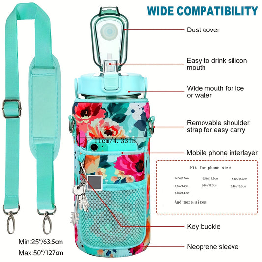 A Half-gallon Water Bottle with Sleeve, 70oz / 2L, Featuring a Motivational Design with Straw and Time Stamp. Leak-proof Tritan Sports Bottle for Drinking, Reusable with Insulated Neoprene, a Large Water Jug for Daily Hydrati